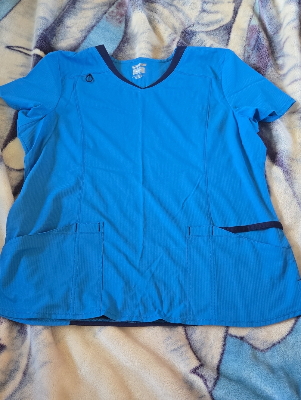 Bright Blue V-Neck Short Sleeve Scrub Top with Navy Trim